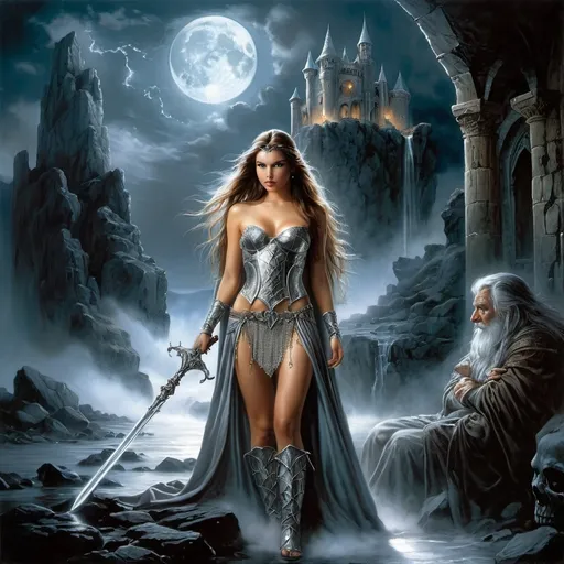 Prompt: image in the style of Luis Royo, Boris Vallejo.
Full-length image: a beautiful 18-year-old warrior girl with long brown hair, dressed in light chain mail, stands next to an elderly wizard dressed in a silver-embroidered cloak, holding a staff in her hand. in a rocky gorge next to the ruins of an elven castle.  the night sky illuminated by the moon peeking out from behind the clouds. fantasy art, dark, mysterious atmosphere.  detailed masterpiece.