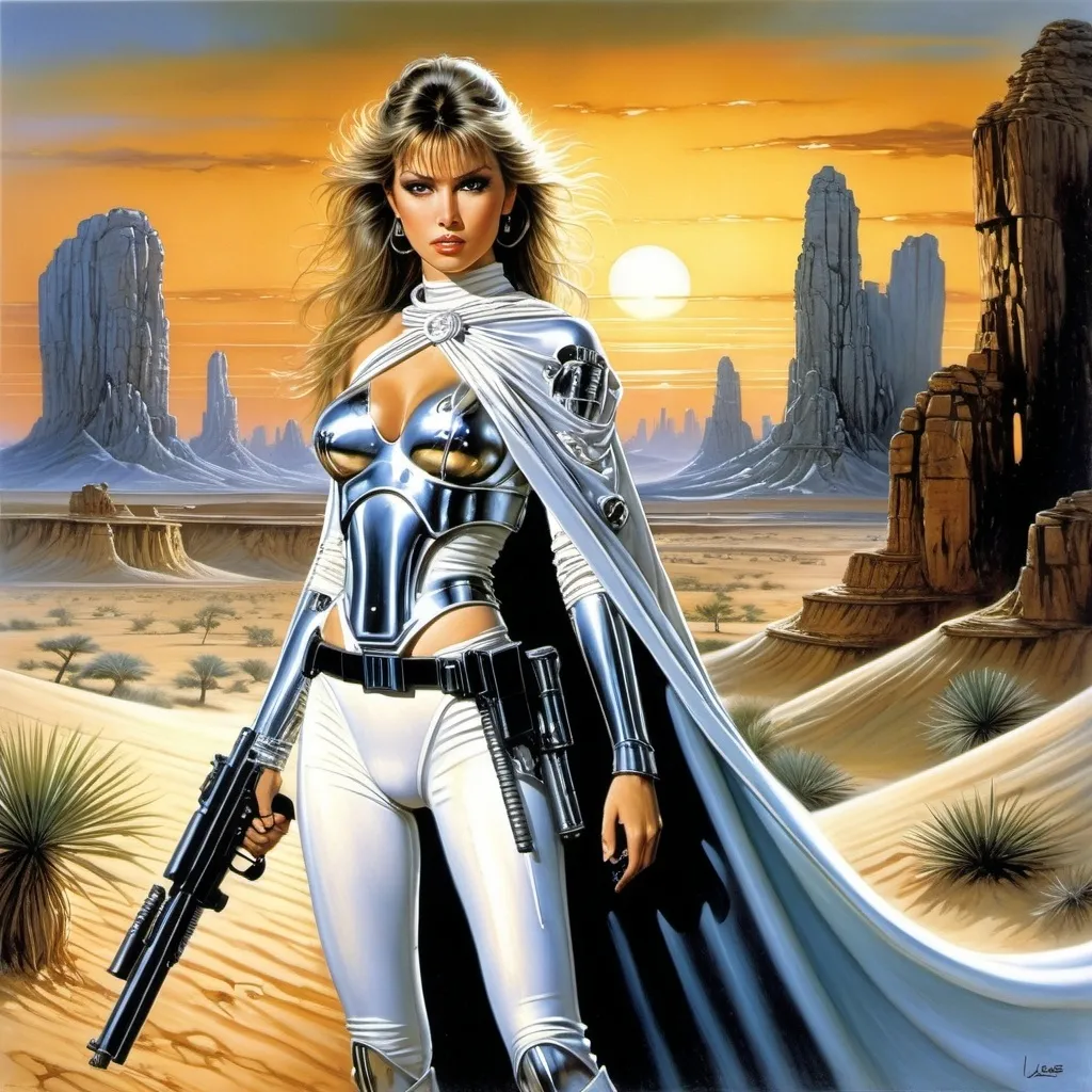 Prompt: Luis Royo, Hajime Sorayama.  picture in the genre of science fiction and fantasy. It depicts a character from the Star Wars universe wearing a cape and holding a blaster rifle. in the background: a desert landscape at sunset with rock formations and a body of water in the background.  mysterious gloomy atmosphere. greenish light. a masterpiece in a fantastic futuristic style. High quality detailed oil painting