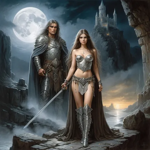 Prompt: image in the style of Luis Royo, Boris Vallejo.
Full-length image: a beautiful 18-year-old warrior girl with long brown hair, dressed in light chain mail, stands next to an elderly wizard dressed in a silver-embroidered cloak, holding a staff in her hand. in a rocky gorge next to the ruins of an elven castle.  the night sky illuminated by the moon peeking out from behind the clouds. fantasy art, dark, mysterious atmosphere.  detailed masterpiece.