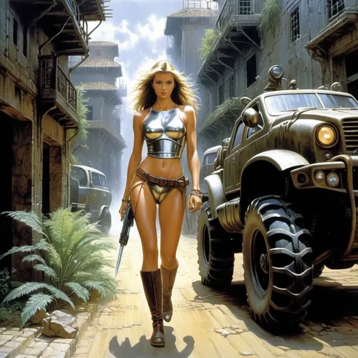 Prompt: Carol Buck, Hajime Sorayama, Luis Royo.
An image of a 20-year-old woman with a slender figure and long brown hair, wearing a steel-colored cuirass, walking down the street of an ancient abandoned city of an alien civilization. in the background: a large wheeled all-terrain vehicle. cracks in the walls, overgrown with fantastic plants, darkness, dark colors, greenish light. detailed masterpiece
