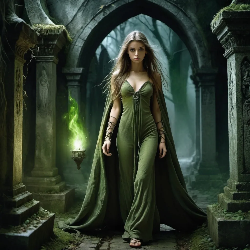 Prompt: image in the style of Luis Royo. Full-length image: a beautiful 18-year-old alchemist girl with a perfect body and long brown hair, dressed in a light cape, walks through an old and gloomy elven cemetery at night, lighting the way with a magical green flame in her palm. The walls of the crypts are covered with moss, and climbing plants grow from the cracks. fantasy art, gloomy, depressive atmosphere. perfect face. detailed masterpiece.