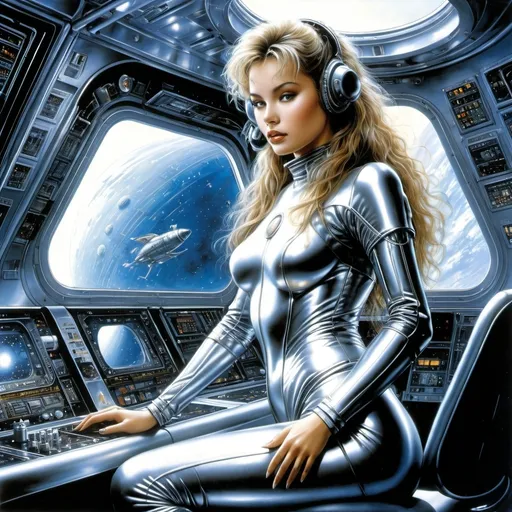 Prompt: Luis Royo, Hajime Sorayama.              science fiction theme. a girl in a steel spacesuit with a perfect figure operating high-tech equipment such as screens and controls of a spaceship. Her back is facing the viewer, showing the design of her costume and her pose while working on the console. The background shows a view of outer space from a ship window. High-quality fantasy illustration.  detailed masterpiece