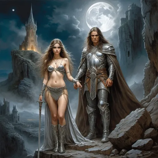 Prompt: image in the style of Luis Royo, Boris Vallejo.
Full-length image: a beautiful 18-year-old warrior girl with long brown hair, dressed in light chain mail, stands next to an elderly wizard dressed in a silver-embroidered cloak, holding a staff in her hand. in a rocky gorge next to the ruins of an elven castle.  the night sky illuminated by the moon peeking out from behind the clouds. fantasy art, dark, mysterious atmosphere.  detailed masterpiece.