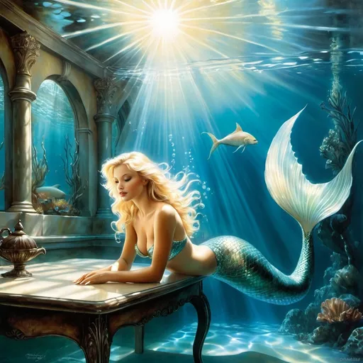 Prompt: image in the style of Luis Royo, Boris Vallejo. fantasy art.  a beautiful blonde mermaid swims in a large spacious rectangular aquarium on the table. pearlescent mermaid tail shine, chrome, perfect vintage fairy tale face, sun rays, room, window, detailed textures, high quality oil painting