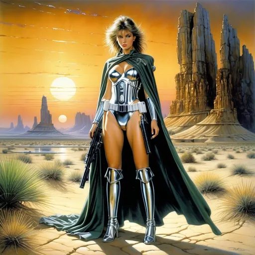 Prompt: Luis Royo, Hajime Sorayama.  picture in the genre of science fiction and fantasy. It depicts a character from the Star Wars universe wearing a cape and holding a blaster rifle. in the background: a desert landscape at sunset with rock formations and a body of water in the background.  mysterious gloomy atmosphere. greenish light. a masterpiece in a fantastic futuristic style. High quality detailed oil painting