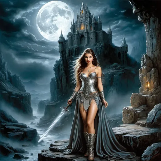 Prompt: image in the style of Luis Royo, Boris Vallejo.
Full-length image: a beautiful 18-year-old warrior girl with long brown hair, dressed in light chain mail, stands next to an elderly wizard dressed in a silver-embroidered cloak, holding a staff in her hand. in a rocky gorge next to the ruins of an elven castle.  the night sky illuminated by the moon peeking out from behind the clouds. fantasy art, dark, mysterious atmosphere.  detailed masterpiece.