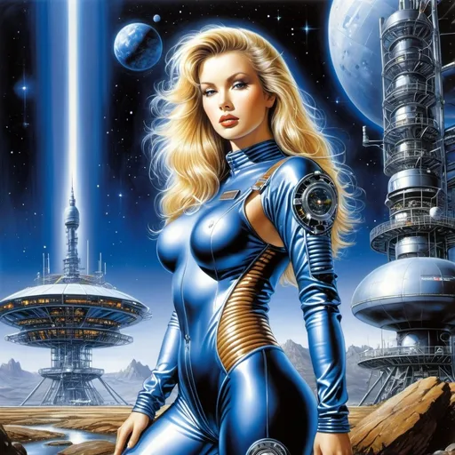 Prompt: Luis Royo, Hajime Sorayama. Blonde woman in a steel, tight-fitting metallic blue spacesuit: perfect figure, open face, straight brown hair, stands in front of a scientific technological installation with various components and wires of a space station with an energy emitter at the top.  rocks and pond on one side. alien landscape, starry night. high-quality illustration in fantasy style, space, stars, planets, rocky landscape. Dramatic atmosphere. detailed masterpiece