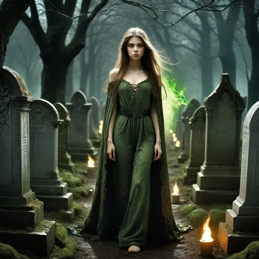 Prompt: image in the style of Luis Royo. Full-length image: a beautiful 18-year-old girl with a perfect body and long brown hair, dressed in a light cape, walks through an old and gloomy elven cemetery at night, lighting the way with a burning magical green flame in her palm. the gravestones are covered with moss, and climbing plants grow from the cracks. fantasy art, gloomy, depressive atmosphere. perfect face. detailed masterpiece.