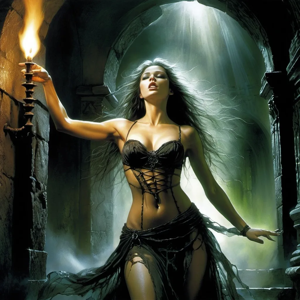 Prompt: Luis Royo. Fantasy style illustration. close-up: ghostly figure of a beautiful girl with a perfect figure. She is dressed in dark and torn rags. She is depicted in a dramatic pose, with her arm outstretched, as if reaching for something invisible. Demonic look. In the background there is a dark, ominous greenish lighting of a stone crypt lit by torch fire, adding to the eerie atmosphere of the image.