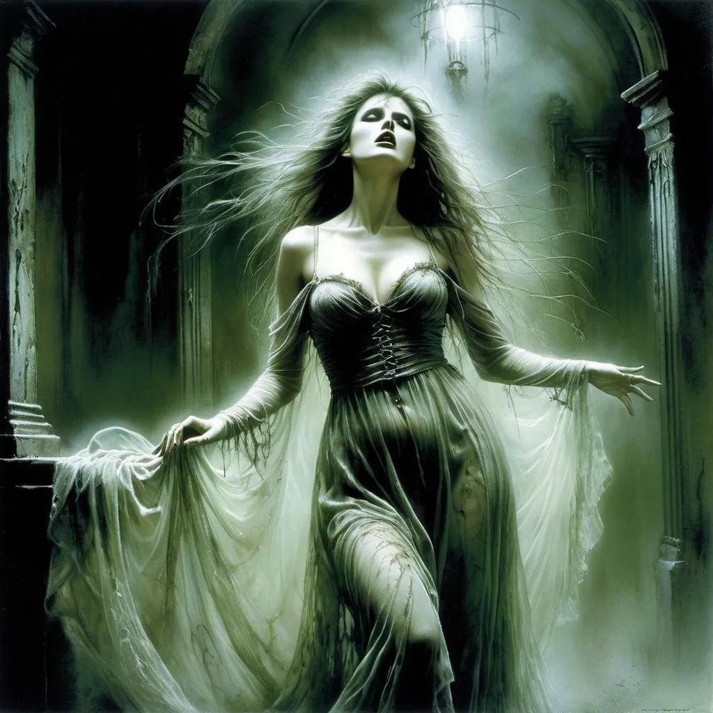 Prompt: Luis Royo.
Fantasy style illustration: a ghostly sinister figure with a pale, ghostly look. She is dressed in dark, shabby rags. The ghost is depicted in a dramatic pose, with his arm outstretched, as if reaching for something invisible. There is dark, ominous greenish lighting in the background, adding to the eerie atmosphere of the image.