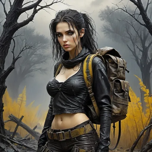 Prompt: Alexander Rudenko “Ore”, Ivan Khivrenko, Luis Royo. Surrealism Mysterious strange fantasy. a beautiful dark-haired girl, in post-apocalyptic clothes, with a tactical backpack on her shoulders and a holster. on her belt. In the background: a post-apocalyptic wasteland. rare trees with twisted trunks and yellow foliage. night, rain, reddening sky, eerie atmosphere.