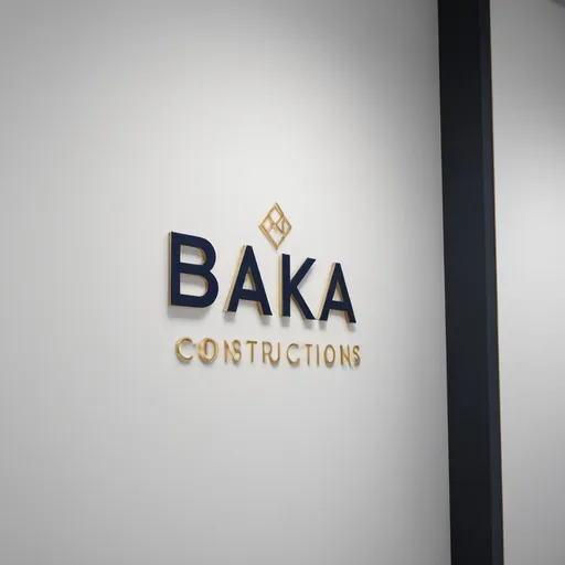 Prompt: Brand Logo design for Baka constructions, modern, sleek, professional, architectural, minimalistic, high quality, 3D rendering, bold font, metallic accents, cool tones, soft lighting, clean lines, professional, detailed, realistic, elegant design, white, black, gold and dark blue colors