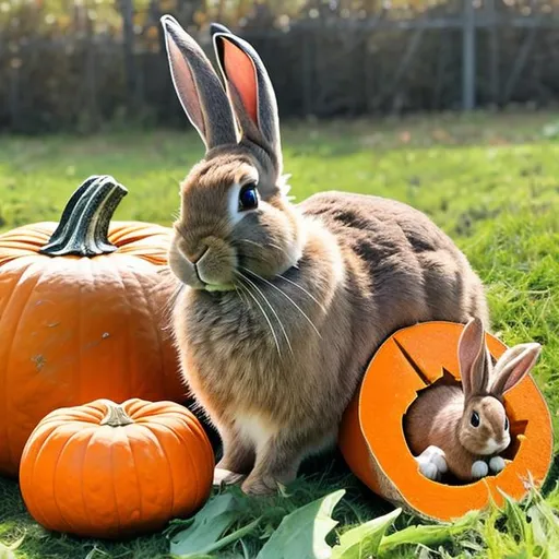 Prompt: A bunny by a pumpkin 