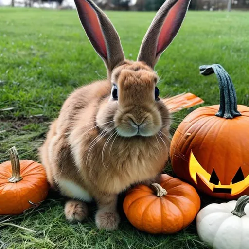 Prompt: A bunny by a pumpkin 