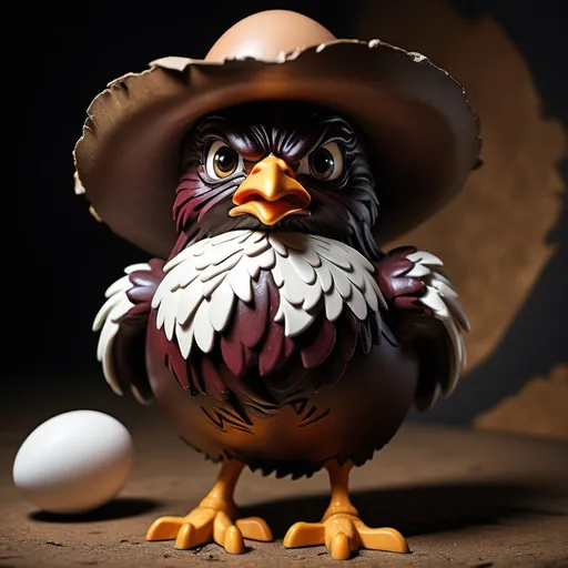 Prompt: (renaissance art style), angry chick, cowboy outfit, emerging from a broken egg, (dramatic shadows), (rich dark colors), (tension in its expression), textured background, moody atmosphere, (ultra-detailed), (high quality), echoes of classic artistry, dynamic pose, emphasis on playfulness intertwined with struggle.