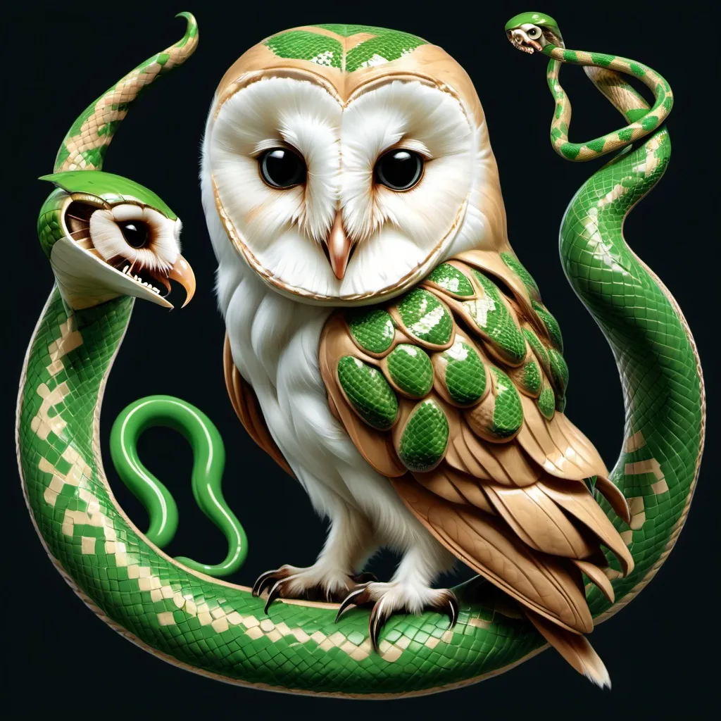 Prompt: Barn owl + snake with big poison teeths and shiny green poison-fulled diamonds