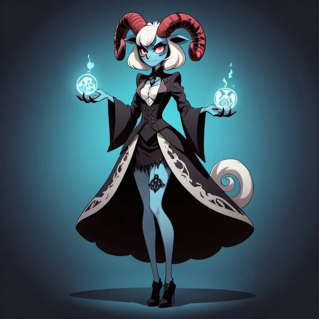 Prompt: Full body. A Hazbin Hotel character. Hazbin Hotel style. A female demon lamb wearing elegant gothic clothes, she has seven rings on her waist thet contain the souls of her seven exes. Blue tones