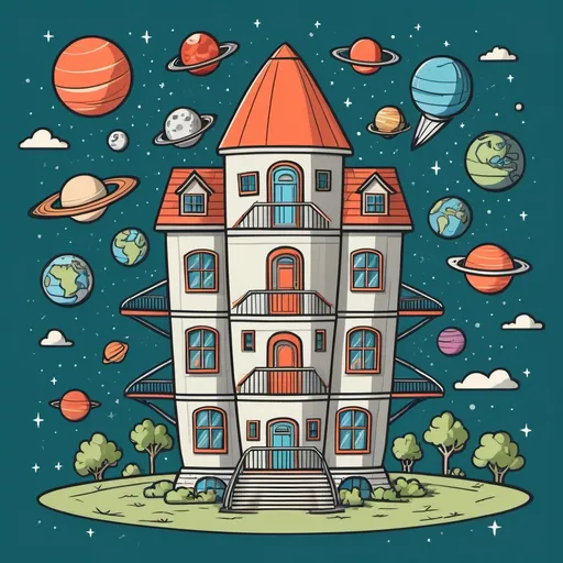 Prompt: A house built like a rocket ship with many rooms and windows, whimsical, thin line art, flat color illustration, high quality, the house is taking off like a rocket leaving earth and venturing to outta space where there are many little rocket ships leaving the house going towards planets the planets all have houses built on them housing for the homeless titled “Launch Housing Crisis Accomodation”, Supporting vulnerable people from all walks of life with a roof over there head, loving home. Launching into a better place. House helping homeless people, the house is launching itself to a better prospect of life, the house has numerous room and numerous windows, the house is launching out of the ground like a rocket ship, the house is set in the middle of the bustling city precinct, the housing is rocket shop getting ready to take off into space, the how’s is loving caring and supportive to people in need 