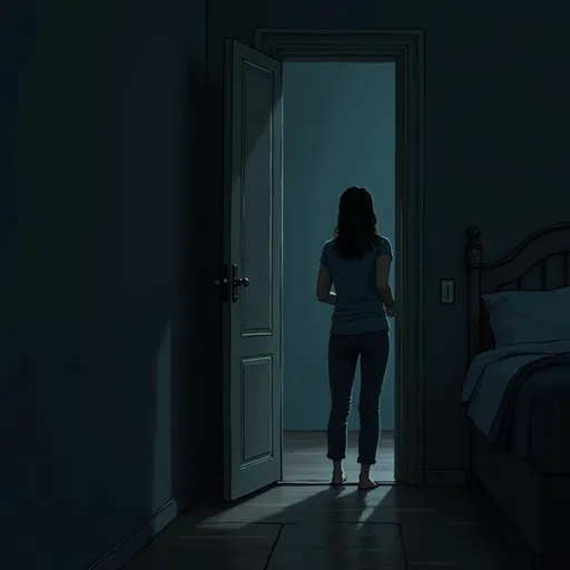 Prompt: Can you create the image for page 2 of the story below? Please only use the description for Page 2 image in parentheses

(Image: mom is in the doorway looking forward into the dark bedroom, getting ready to close the door; it’s dark in the bedroom but there is light in the hallway behind the mom) 