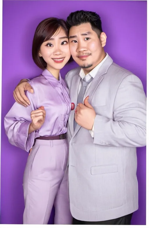 Prompt: a man and woman posing for a picture together in a photo booth with a purple background and a purple backdrop, Ding Yunpeng, sumatraism, adobe photoshop, a poster