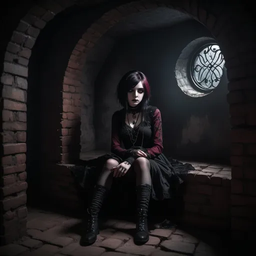 Prompt: (goth girl), sitting in a (dark hole) within her (home), surrounded by eerie shadows, secretive ambiance, (soft, dim lighting) casting mysterious effects, rich black and deep burgundy tones, (emo fashion) attire with intricate details, intriguing décor elements, creating a (moody and surreal atmosphere), (highly detailed), (ultra-detailed 4K).