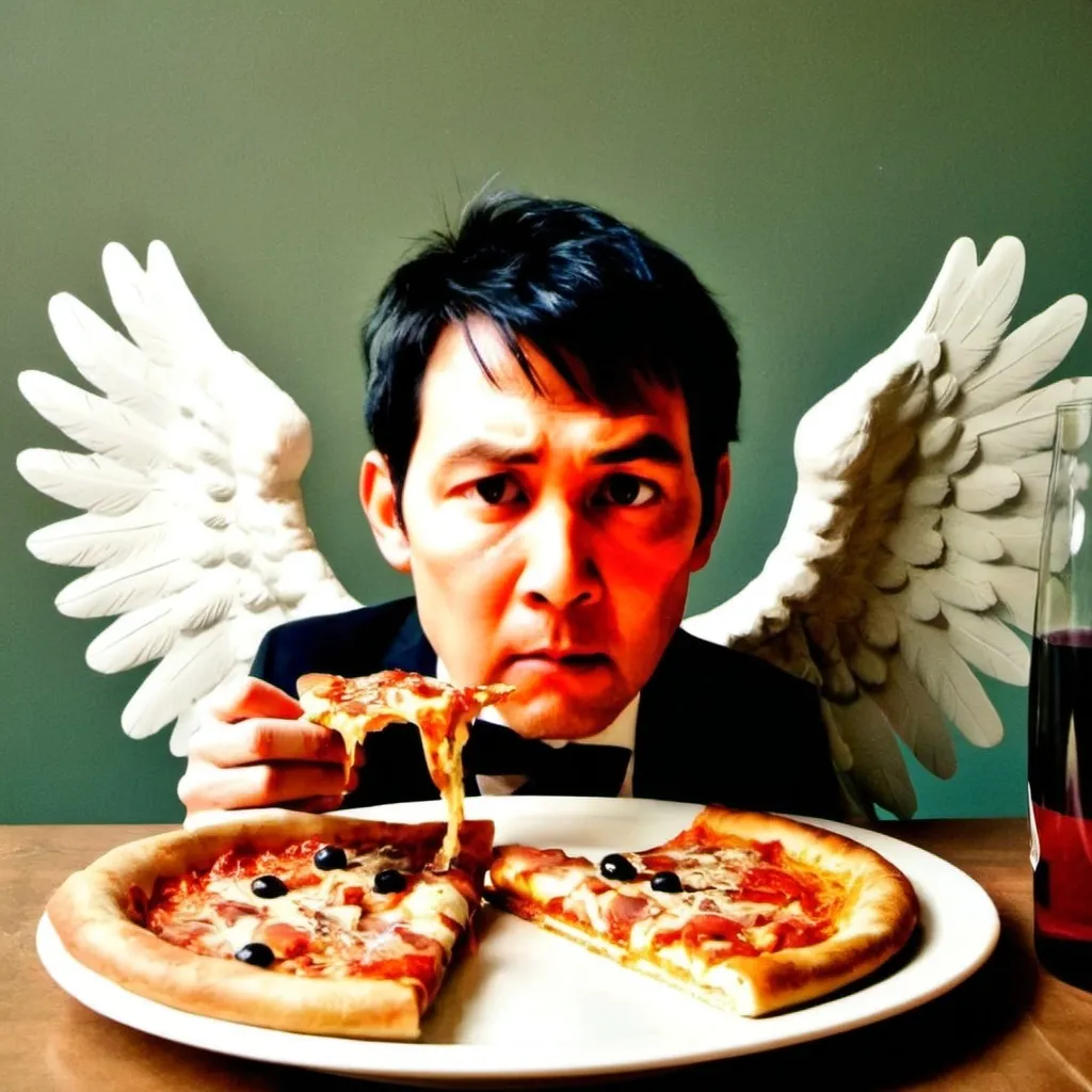 Prompt: a cat with angel wings eating a pizza and a cup of wine filled to the brim
