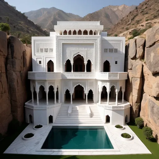 Prompt: Create a Moorish-style mansion carved into a mountain. The mansion is a cubic structure, resembling the Kaaba, with each side measuring 15 meters. It has five levels, including a concealed bunker. The exterior is entirely constructed of white marble, adorned with intricate carvings and Quranic verses in bas-relief. The interior is designed with sacred geometry and symbolism, while offering modern amenities and ergonomic features. The mansion is nestled amidst natural landscapes and bathed in abundant sunlight.