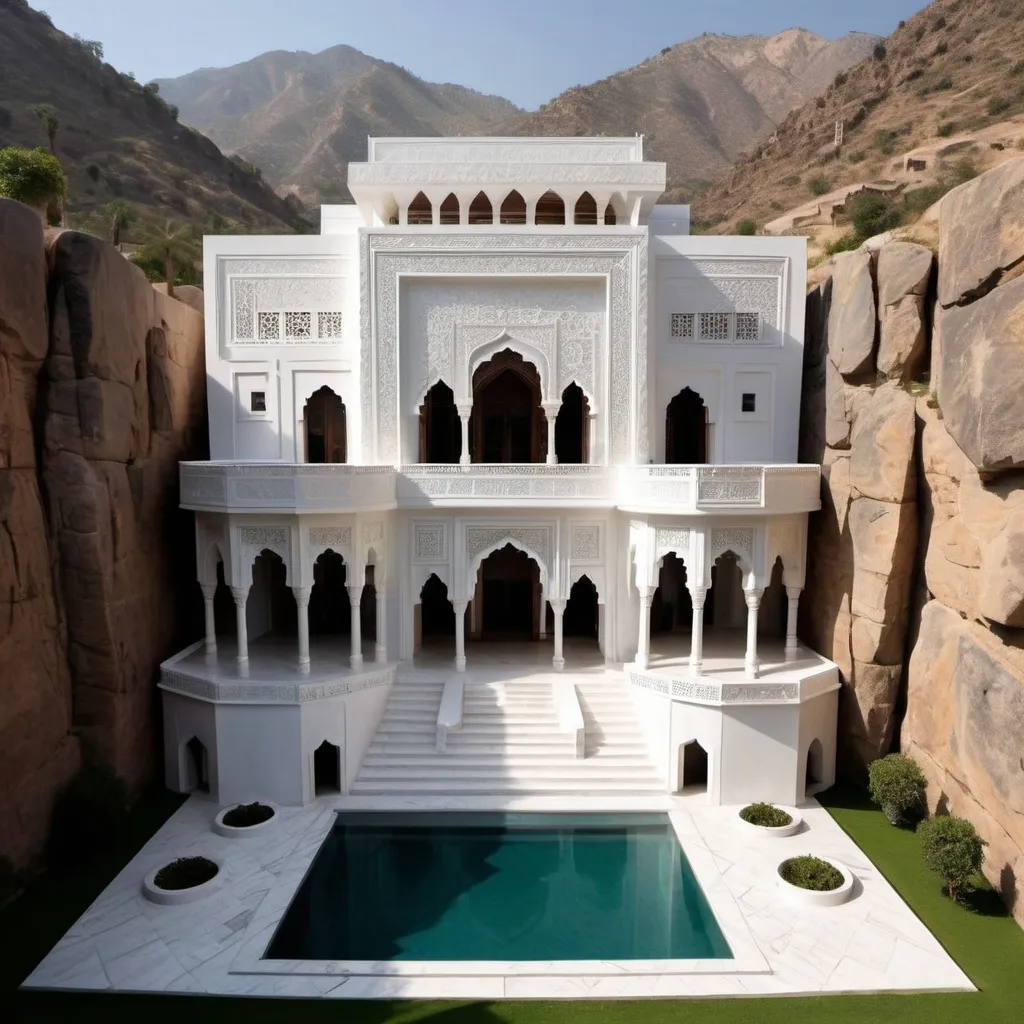 Prompt: Create a Moorish-style mansion carved into a mountain. The mansion is a cubic structure, resembling the Kaaba, with each side measuring 15 meters. It has five levels, including a concealed bunker. The exterior is entirely constructed of white marble, adorned with intricate carvings and Quranic verses in bas-relief. The interior is designed with sacred geometry and symbolism, while offering modern amenities and ergonomic features. The mansion is nestled amidst natural landscapes and bathed in abundant sunlight.