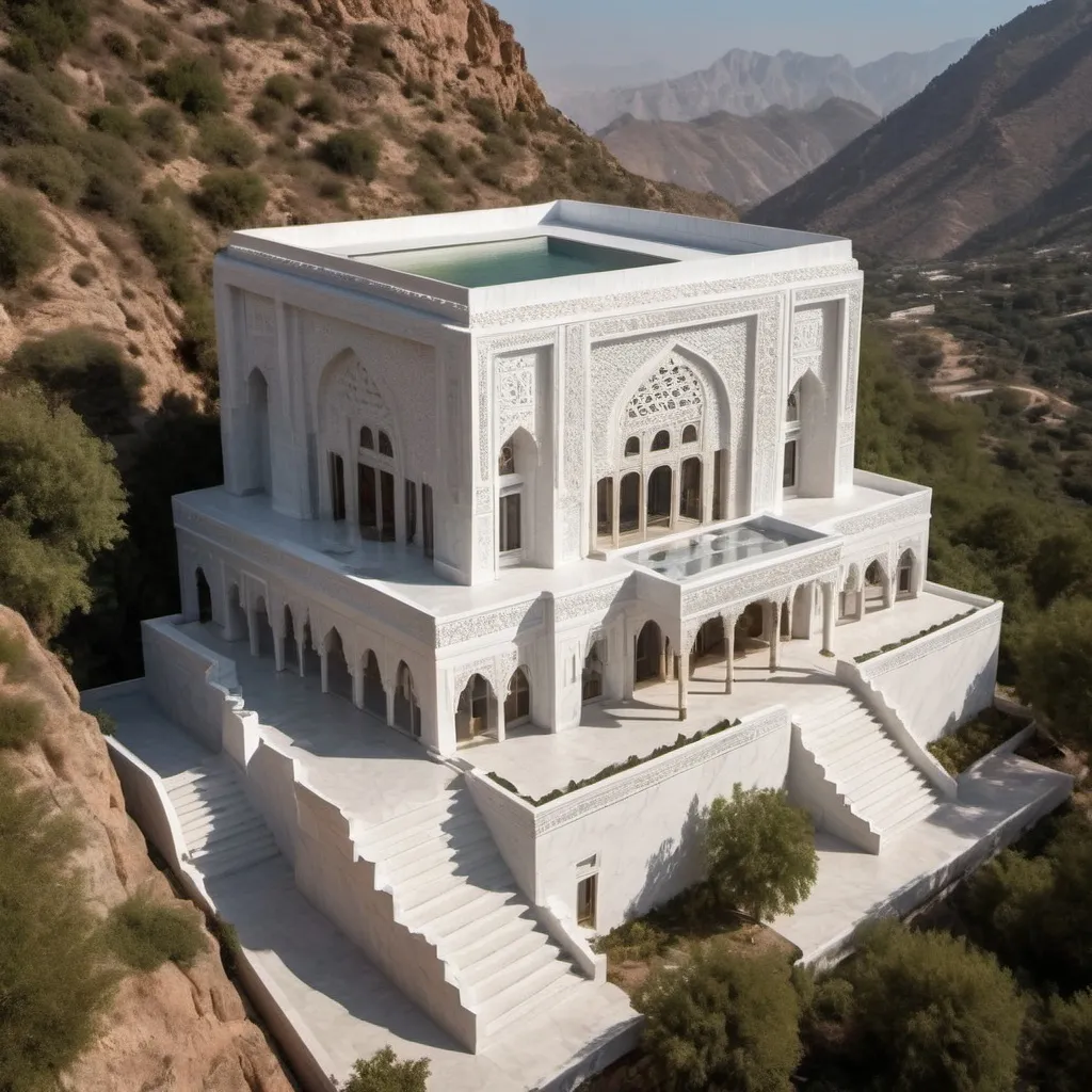 Prompt: Create a Moorish-style mansion sculpted into a mountain. The mansion is a cubic structure, 15 meters on each side, resembling the Kaaba. It has five levels, including a hidden bunker. The exterior is entirely constructed of white marble, adorned with intricate carvings and Quranic verses in bas-relief. The interior is designed with sacred geometry and symbolism, while also providing modern comforts and ergonomic functionality. The mansion is nestled amidst natural landscapes and bathed in abundant sunlight.