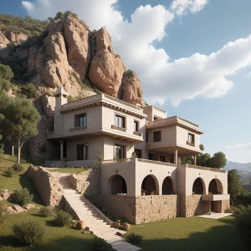 Prompt: Create a Moorish-style mansion sculpted into a mountain.


The mansion is 15m lenght by 15m weight by 15m width with five levels one of them is a bunker. 

The exterior has a rustic finish. 

The mansion is a domestic home with sacred composition.

The mansion is surrounded by a nature, and the sky is clear.