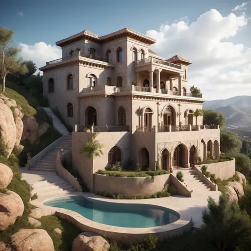 Prompt: Create a Moorish-style mansion sculpted into a mountain.


The mansion is 15m lenght by 15m weight by 15m width with five levels one of them is a bunker. 

The exterior has a rustic finish. 

The mansion is a domestic home with sacred composition.

The mansion is surrounded by a nature, and the sky is clear.