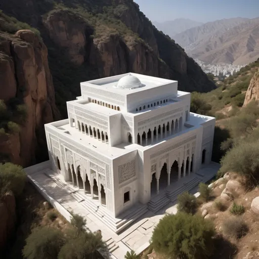 Prompt: A Moorish-style mansion is carved into the mountain.


 The mansion is a cubic structure resembling the Kaaba, with sides measuring 15 metres, and has five levels, including a hidden bunker.


 The exterior is made entirely  of white marble and decorated with intricate carvings and bas-reliefs of verses from the Quran.


 The interiors are designed with sacred geometry and symbolism, while  providing modern comfort and ergonomic functionality.


 The house is surrounded by nature and is bathed in plenty of sunlight.