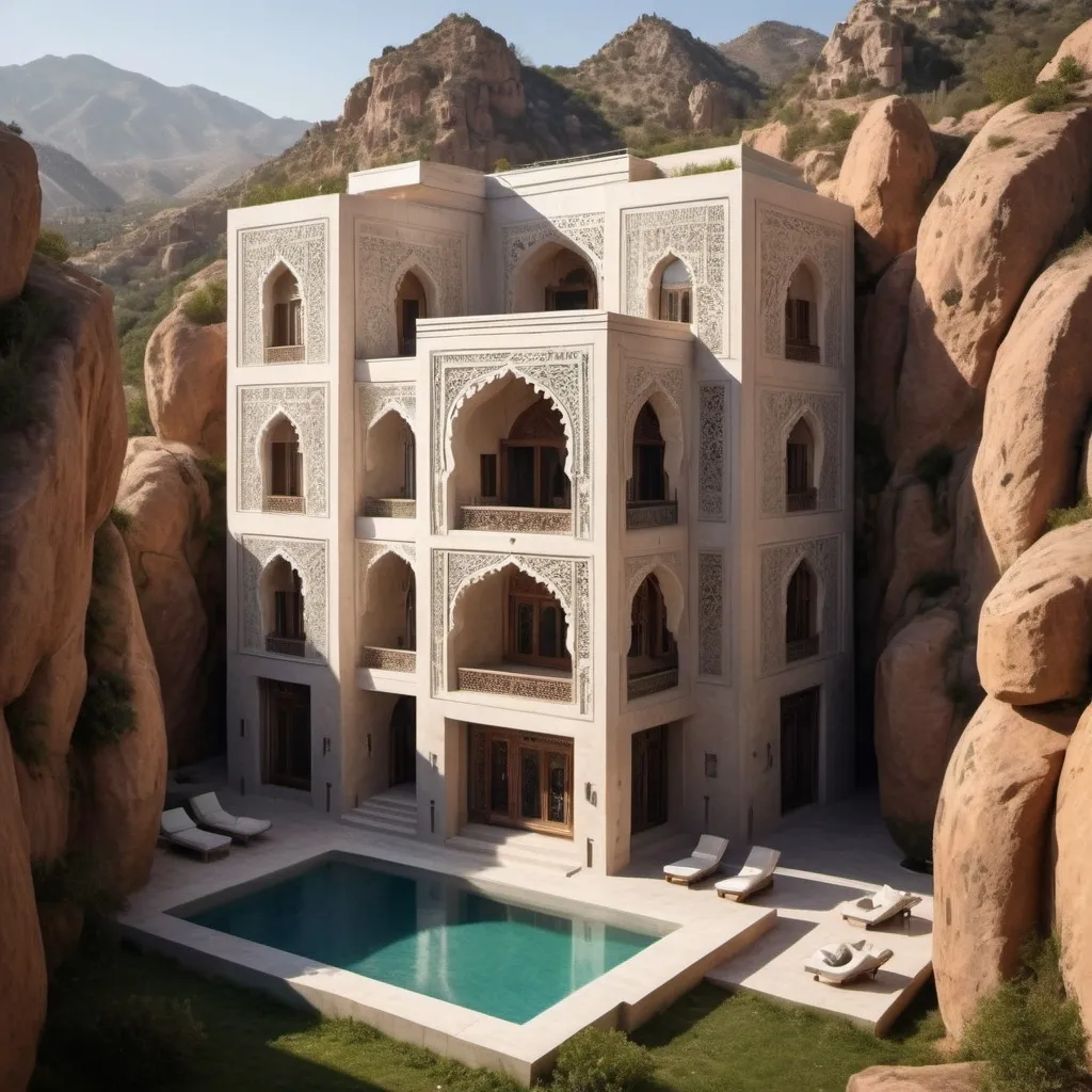 Prompt: Create a Moorish-style mansion sculpted into a mountain. The mansion is a cube, 15 meters on each side, with five levels including a hidden bunker. The exterior has a rustic finish, adorned with intricate carvings and verses from the Quran inscribed in bas-relief. The mansion is a domestic residence designed with sacred geometry and symbolism. It is surrounded by natural landscapes and bathed in clear sunlight.