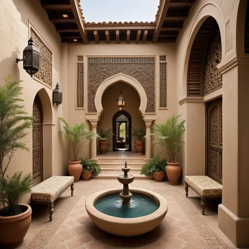 Prompt: Exterior:

    Carvings and bas-reliefs: Consider incorporating traditional Islamic motifs like arabesque patterns, geometric shapes, and calligraphy.
    Windows and doors: Design arched windows and doors to complement the Moorish style.
    Courtyards and terraces: Create outdoor spaces for relaxation and enjoyment, with fountains, gardens, and shaded areas.

Interior:

    Color palette: Use warm, earthy tones like beige, brown, and gold to create a welcoming atmosphere.
    Furniture and decor: Choose furniture and decor that reflect the Moorish style, such as intricate wood carvings, colorful textiles, and brass accents.
    Lighting: Use natural light whenever possible, but also incorporate traditional Moroccan lighting fixtures like lanterns and chandeliers.
    Hidden bunker: Design the bunker to be accessible from a secret passageway and equipped with essential supplies for survival.

Landscape:

    Natural materials: Use local stones and plants to blend the mansion seamlessly into the mountain landscape.
    Water features: Consider adding a fountain, pool, or stream to enhance the natural beauty of the surroundings.
    Gardens: Create terraced gardens with a variety of plants, flowers, and trees.

Additional considerations:

    Energy efficiency: Incorporate sustainable features like solar panels and energy-efficient appliances.
    Accessibility: Ensure the mansion is accessible to people with disabilities.
    Security: Implement security measures like surveillance cameras, a security system, and a strong entrance gate.