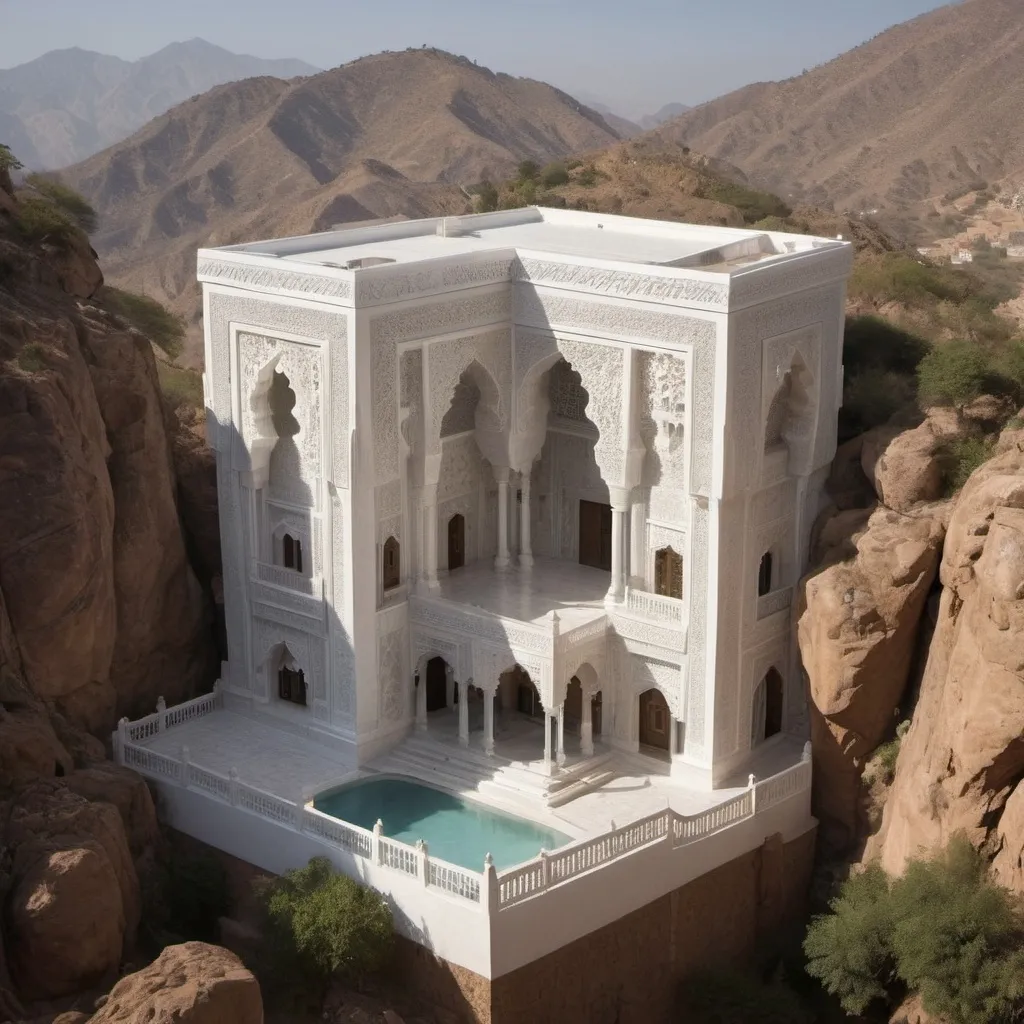 Prompt: from those façades Create a Moorish-style mansion sculpted into a mountain. The mansion is a cube as kaaba, 15 meters on each side, with five levels including a hidden bunker. The exterior has a white marble finish, adorned with intricate carvings and verses from the Quran inscribed in bas-relief. The mansion is a domestic residence designed with sacred geometry and symbolism. It is surrounded by natural landscapes and bathed in clear sunlight.