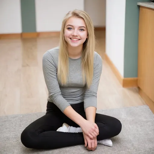 Prompt: a smiling 19-year-old girl with blond hair and green eyes, sitting on the floor. Dressed in leggings and a top