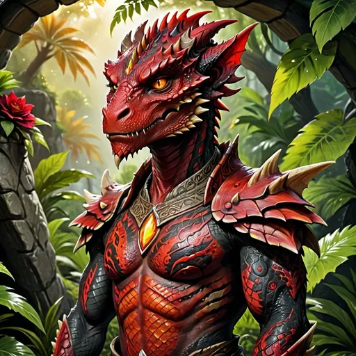 Prompt: (argonian character), striking red skin, intense yellow eyes, detailed scales reflecting light, expressive facial features, dragon face, intricate tribal tattoos on skin, lush background of vibrant vegetation, warm, mystical ambiance, dramatic light play, high quality, ultra-detailed, fantasy elements, captivating and engaging composition.