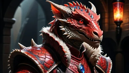 Prompt: (red Argonians ), vibrant red hues, intricate scales, sharp horns, fur doublet, fierce expression, dramatic detailing, vivid eye color, cinematic lighting, majestic aura, fantasy creature design, intense features, highly detailed textures, 4K quality, bold contrast against a dark background, enchanting atmosphere, illustrating power and mystique.