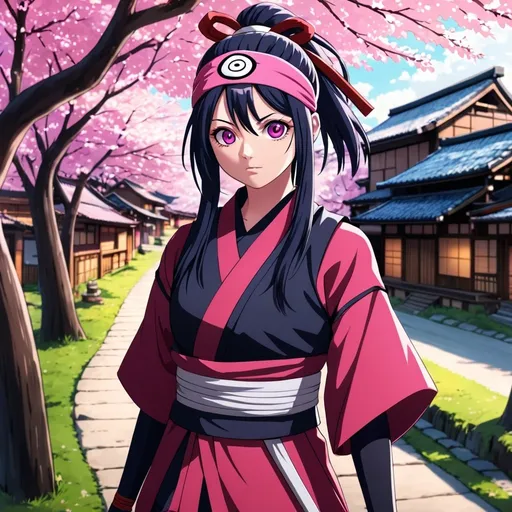 Prompt: Tzuyu from Twice as a ninja in the Naruto world, Konoha village, detailed facial features, anime, vibrant colors, ninja headband, flowing ninja outfit, cherry blossom trees in bloom, best quality, highres, anime, vibrant colors, detailed eyes, detailed clothing, ninja, konoha village, cherry blossom, professional, atmospheric lighting