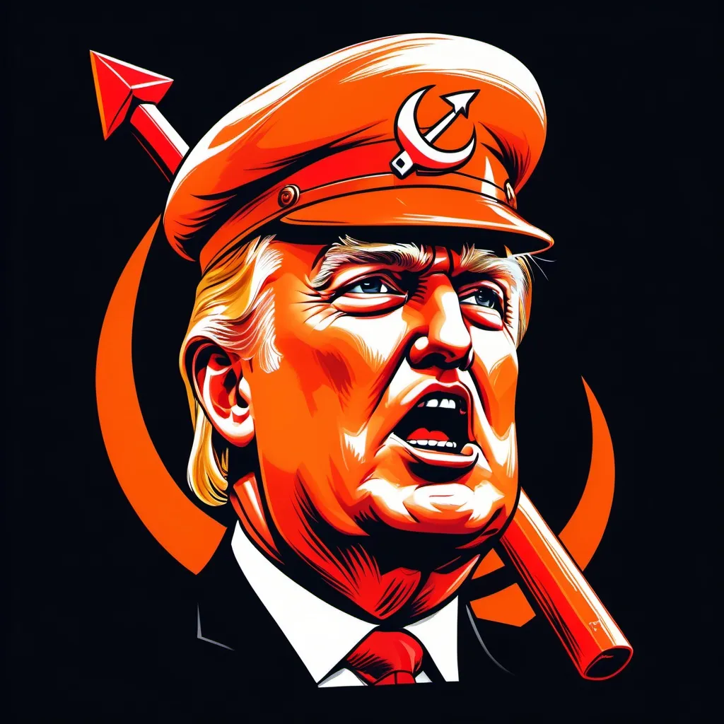 Prompt: i want to create a caricature to print it on a t-shirt: an orange profile of president trump with soviet symbol the hammer and sickle in red and the following text:
Make Russia great again !

