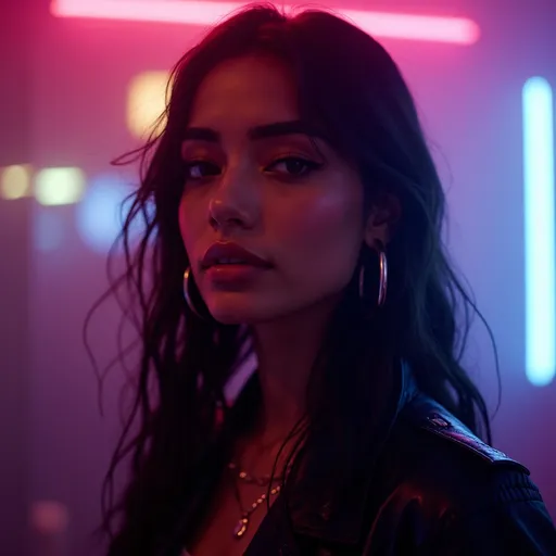 Prompt: Hyper-realistic cinematic portrait of a South Asian female rapper-singer, stylish black crop jacket with silver hoops, confident yet playful expression, under pink and blue neon lights, light drizzle with bokeh reflections, soft rim light on hair, detailed skin texture and natural makeup, photo-realistic 35mm look, ultra-detailed, editorial lighting.
