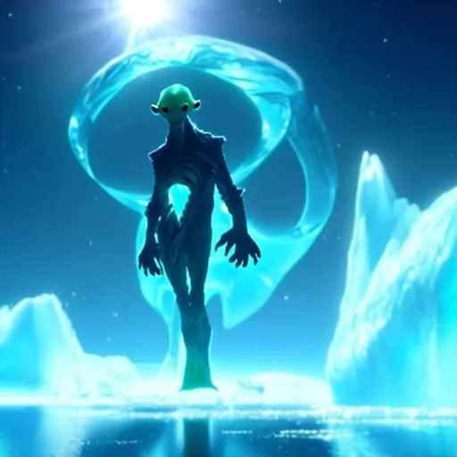 Prompt: An luminous alien standing on a iceberg and a curved tails and looks like made from glass
