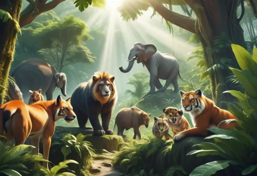 Prompt: (wild animals observing tourists), vibrant scene, lush green jungle surroundings, playful yet curious expressions on animal faces, dynamic composition, sunlight streaming through trees, rich detail in fur and foliage, sense of adventure and wonder, (high-quality), captivating atmosphere, 4K resolution, immersive experience.