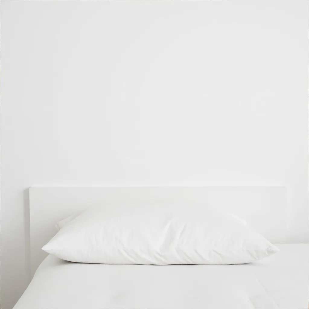 Prompt: a bed with a white sheet and pillow on top of it, with a white wall behind it and a white wall behind it, Carol Bove, postminimalism, white, a minimalist painting, top view