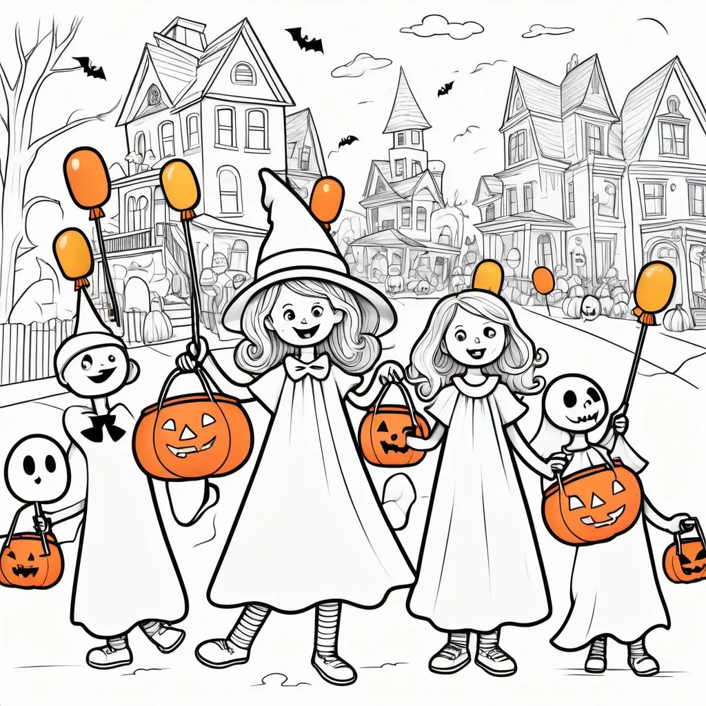 Prompt: magen Cute children in Halloween costumes holding candy bags, marching in a parade with floating candy corn, lollipops, and spooky yet friendly ghosts. The scene is playful and whimsical, with a fun neighborhood backdrop. Illustration, clean black outlines on a white background ready for colorin