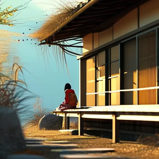 Prompt: old japanese house, young woman sitting outside, sun ray on woman