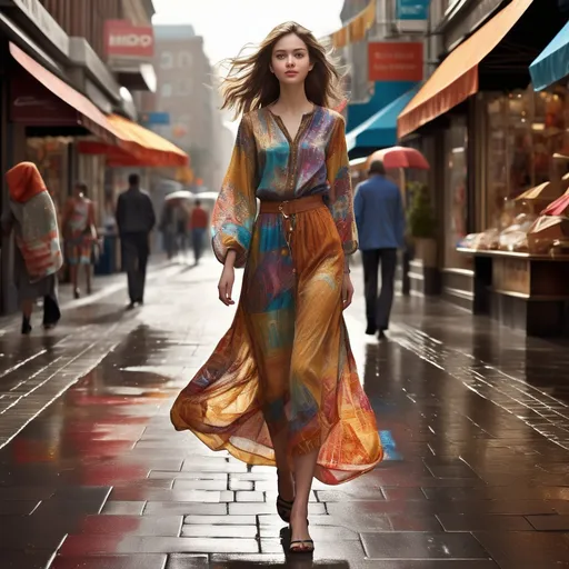 Prompt: Tall young woman walking down the high street, detailed clothing, realistic, natural lighting