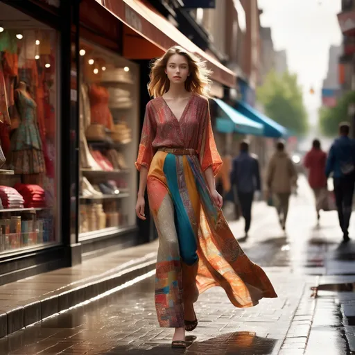 Prompt: Tall young woman walking down the high street, detailed clothing, realistic, natural lighting