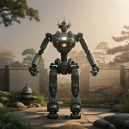 Prompt: Realistic 4K digital painting of a powerful robot surrounded by fitness men, serene Japanese wabi-sabi-style garden, sci-fi, sunrise scene, smoky atmosphere, detailed metallic textures, serene and tranquil setting, futuristic android design, serene and tranquil setting, strong and sturdy robot, human figures with minimalist clothing, peaceful and harmonious atmosphere, high-quality, detailed robotics, serene garden setting, sunrise lighting, serene atmosphere, digital painting, realistic, sci-fi, detailed metallic textures, tranquil, wabi-sabi style, smoky atmosphere, serene garden
