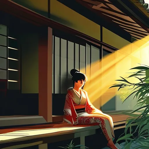 Prompt: old japanese house, young woman sitting outside, sun ray on woman